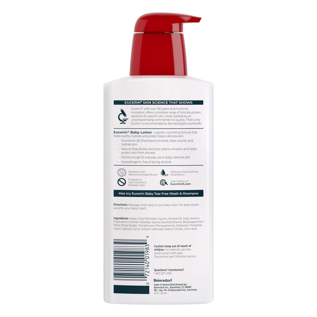 Eucerin Baby Lotion with Provitamin B5 and Shea Butter, Hypoallergenic, Fragrance Free, 13.5 fl oz