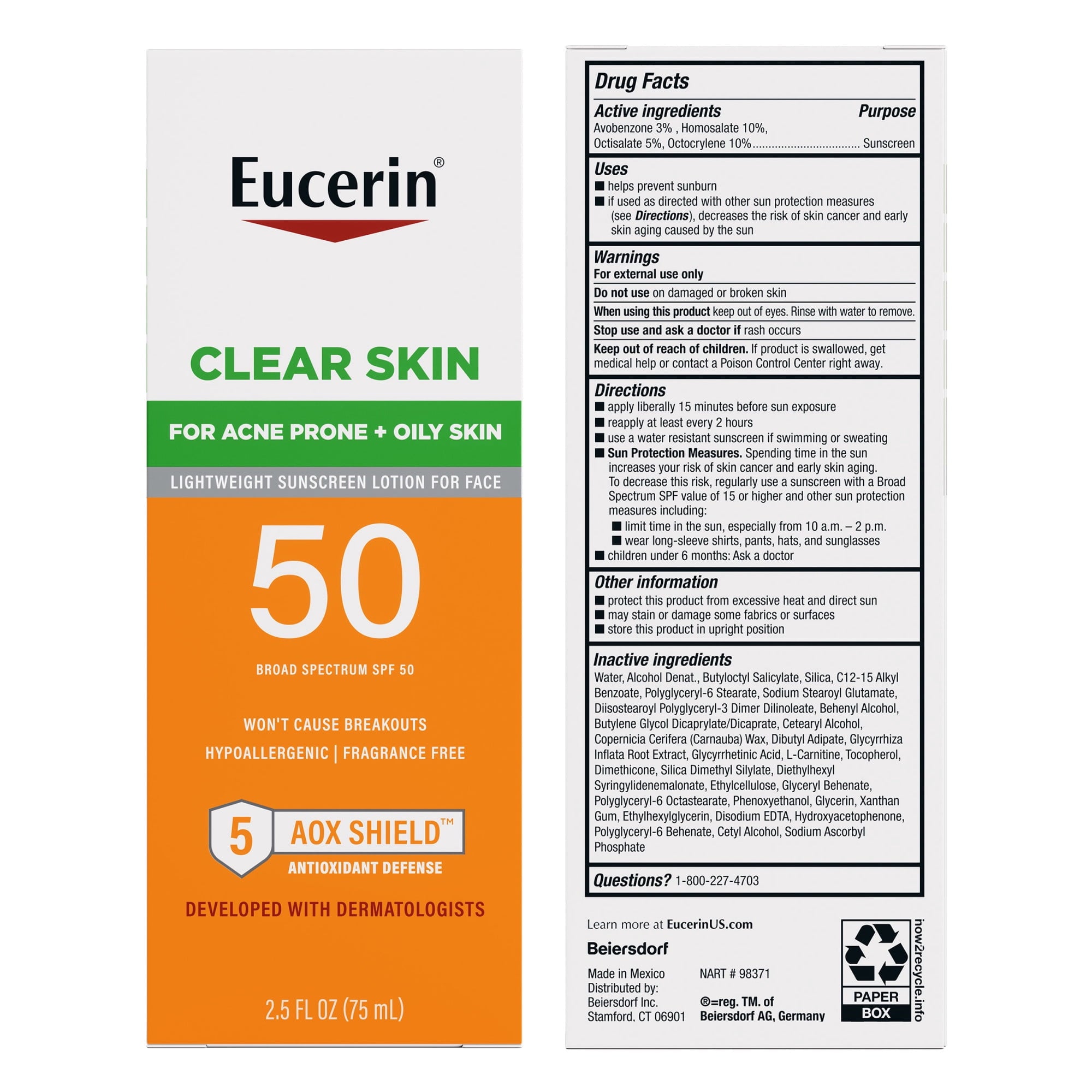 Eucerin Sun Clear Skin Face Sunscreen lotion, acne prone, oily skin, non-comedogenic, SPF 50, 2.5 fl oz