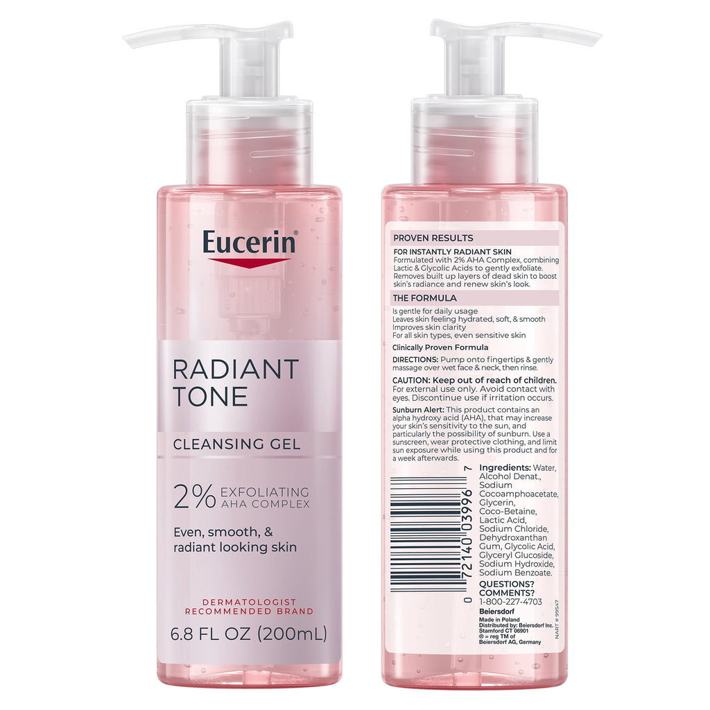 Eucerin Radiant Tone Face Cleanser Gel with 2% Exfoliating AHA Complex, 6.8 fl oz