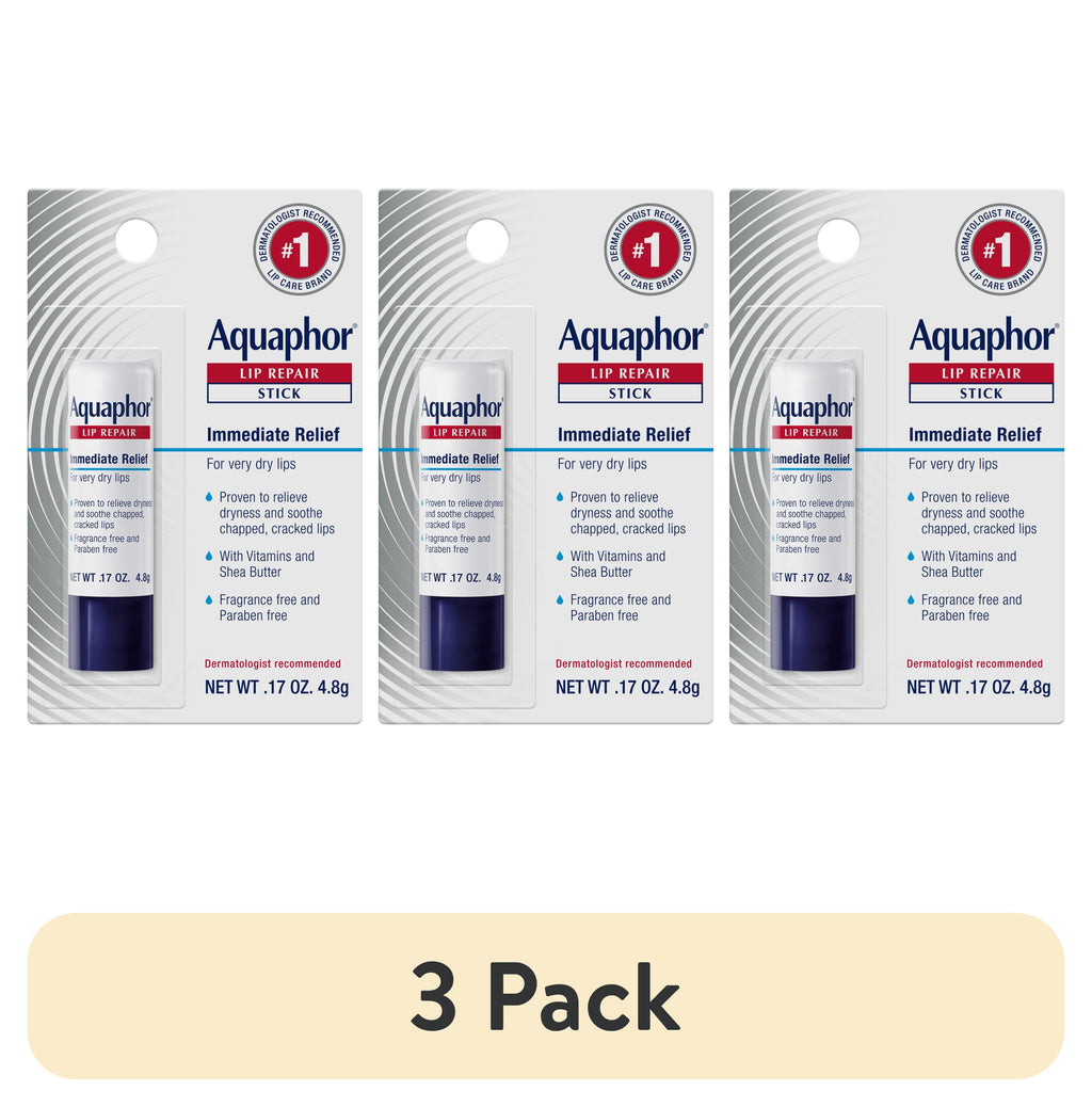 (3 pack) Aquaphor Lip Repair Balm Stick for Dry Chapped Lips with Shea Butter, 0.17 oz
