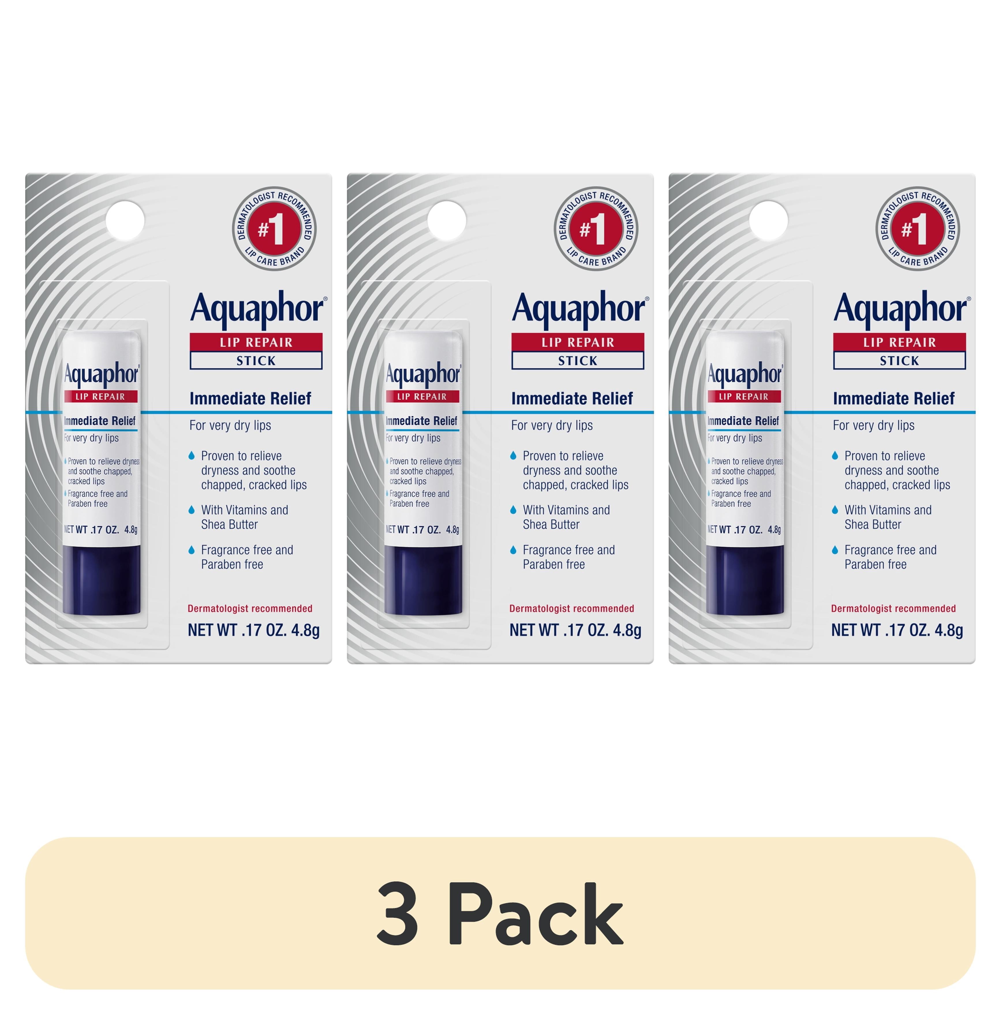 (3 pack) Aquaphor Lip Repair Balm Stick for Dry Chapped Lips with Shea Butter, 0.17 oz