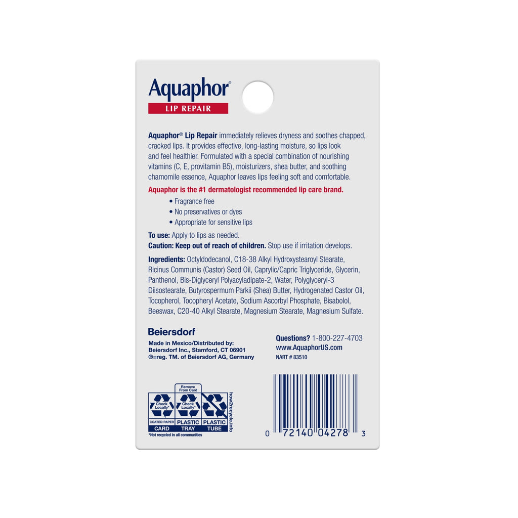 Aquaphor Lip Ointment, Lip Balm with Shea Butter, 0.35 fl oz, 2 Pack