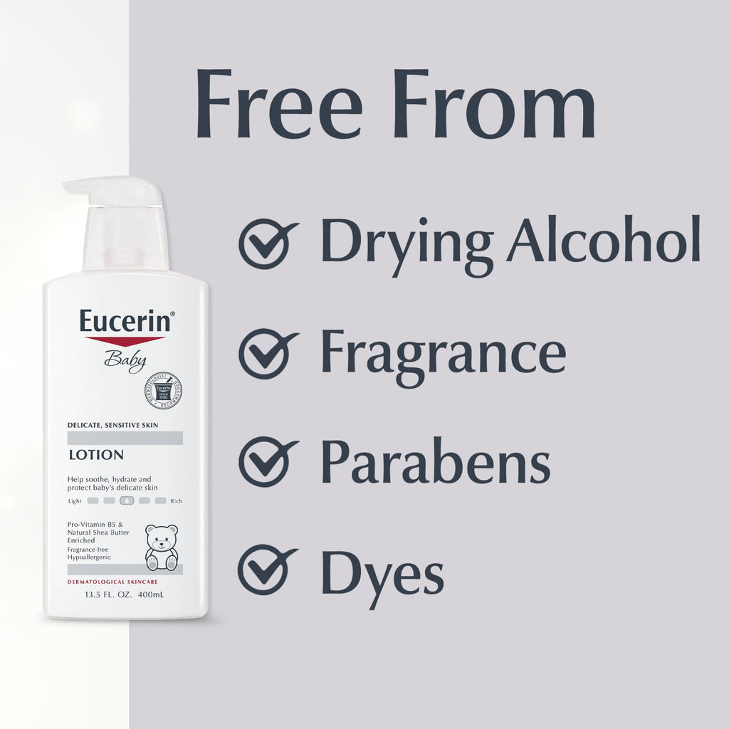 Eucerin Baby Lotion with Provitamin B5 and Shea Butter, Hypoallergenic, Fragrance Free, 13.5 fl oz