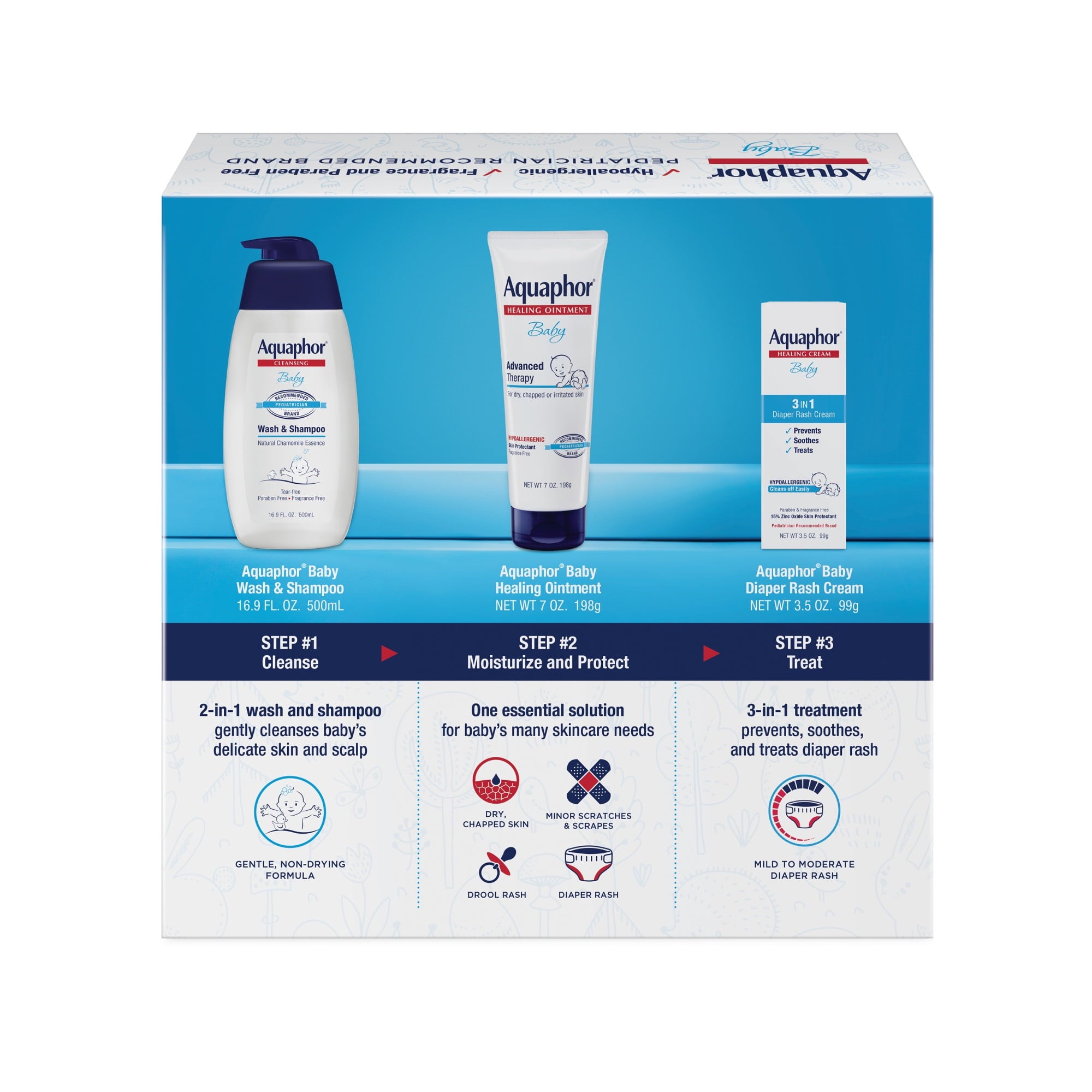 Aquaphor Baby Skincare Essentials Gift Set with Baby Wash, Ointment and Diaper Rash Cream, 3 Piece