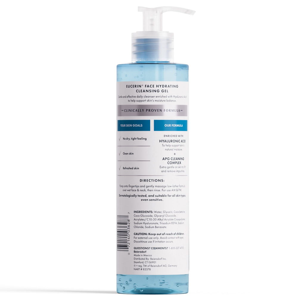 Eucerin Face Hydrating Cleansing Gel Facial Cleanser with Hyaluronic Acid, Makeup Remover, 13.5 fl oz