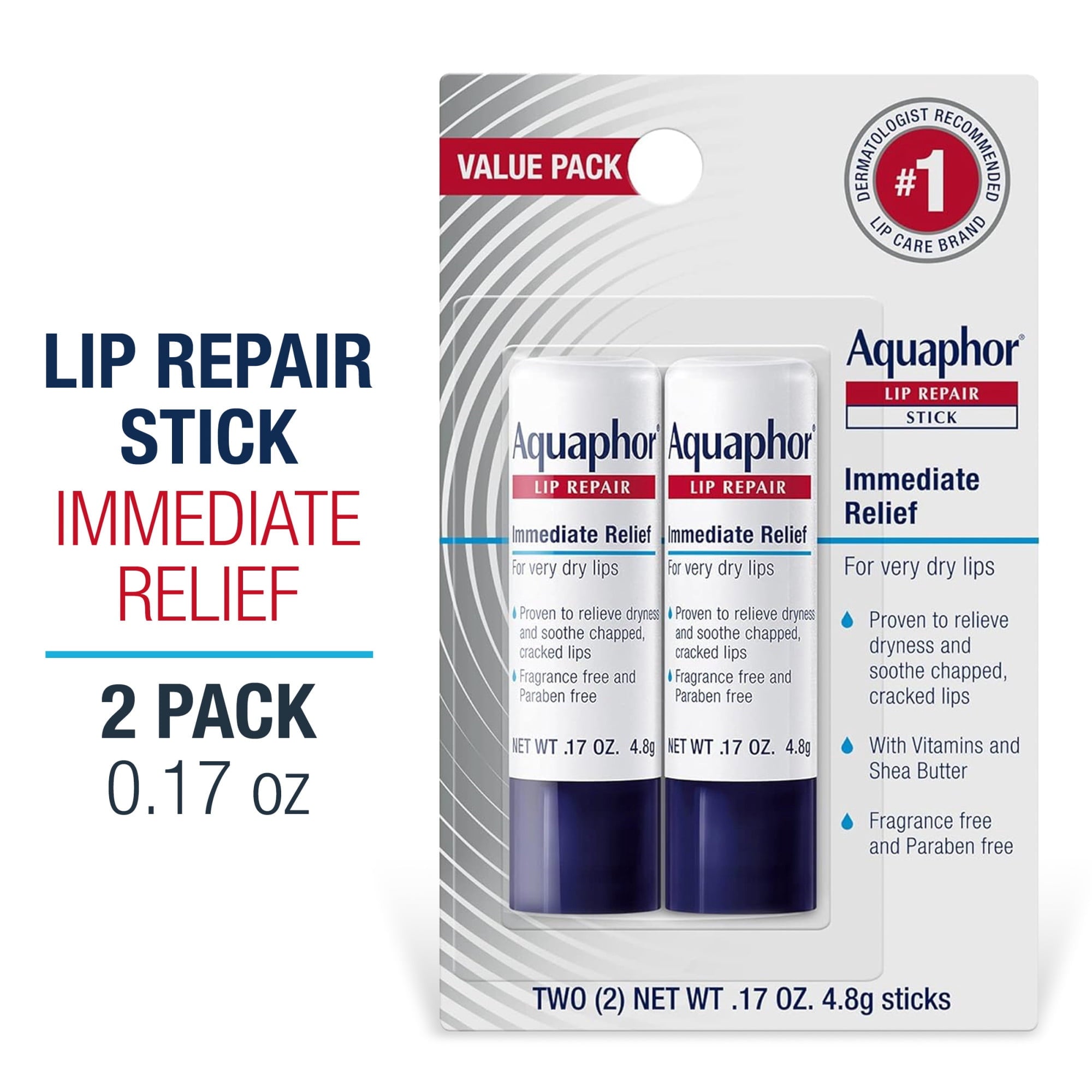 Aquaphor Lip Repair Balm Stick for Dry Chapped Lips with Shea Butter, 0.17 oz, 2 Pack