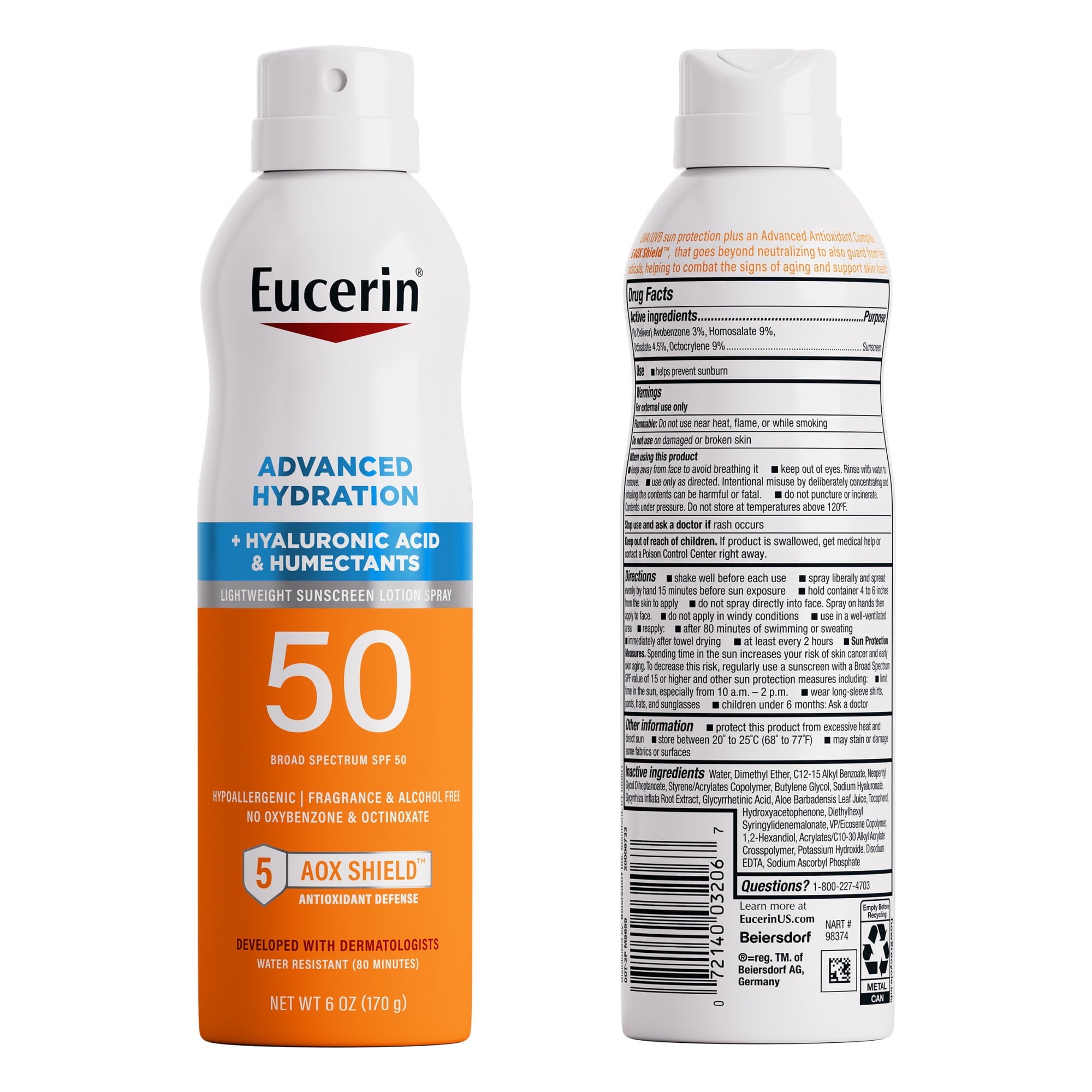 Eucerin Sun Advanced Hydration SPF 50 Sunscreen Spray with Hyaluronic Acid, Hydrates Skin, 6 fl oz