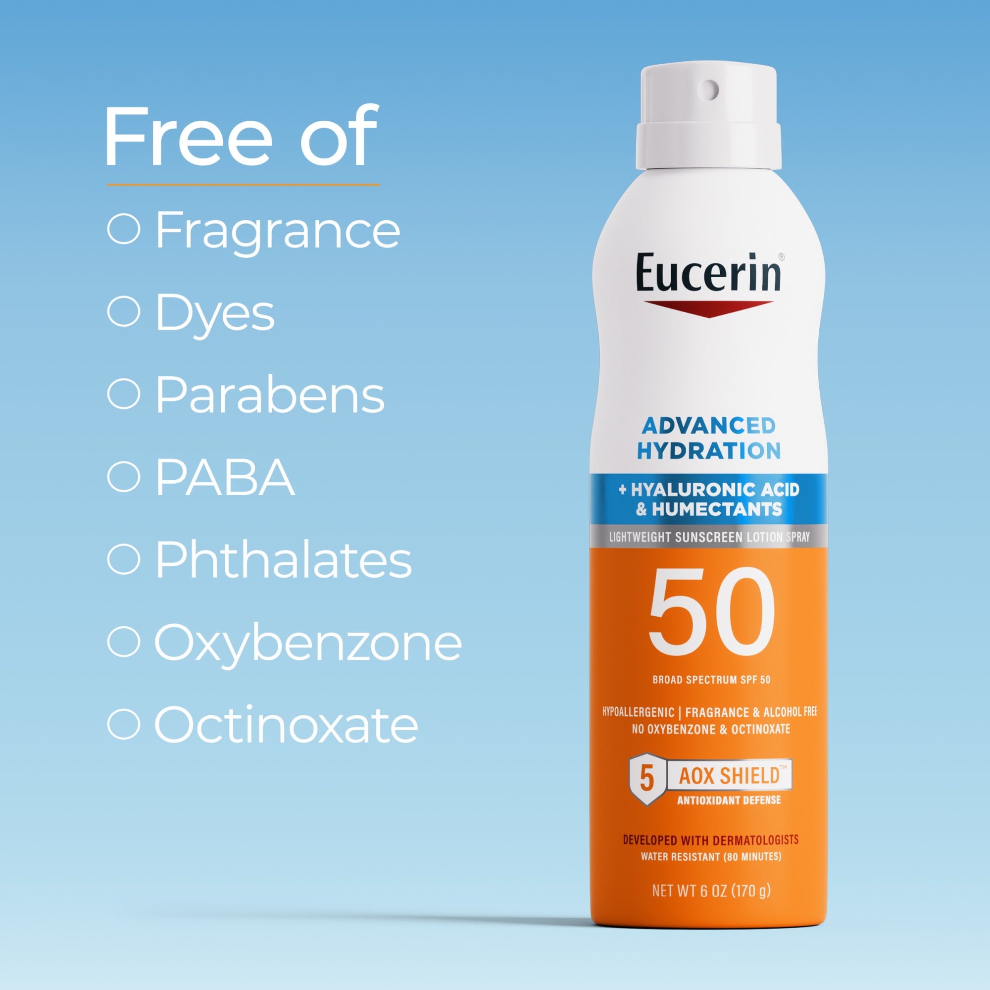 Eucerin Sun Advanced Hydration SPF 50 Sunscreen Spray with Hyaluronic Acid, Hydrates Skin, 6 fl oz