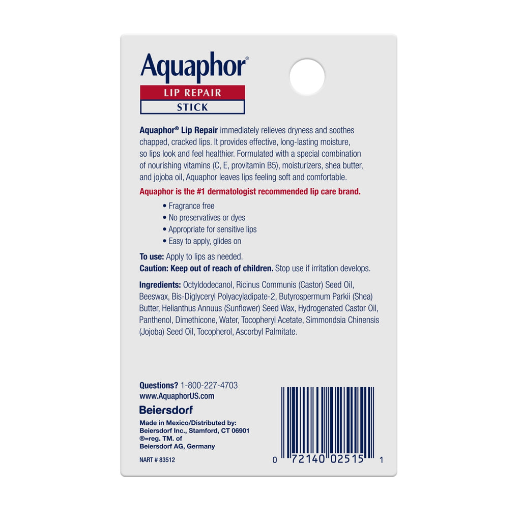 (3 pack) Aquaphor Lip Repair Balm Stick for Dry Chapped Lips with Shea Butter, 0.17 oz