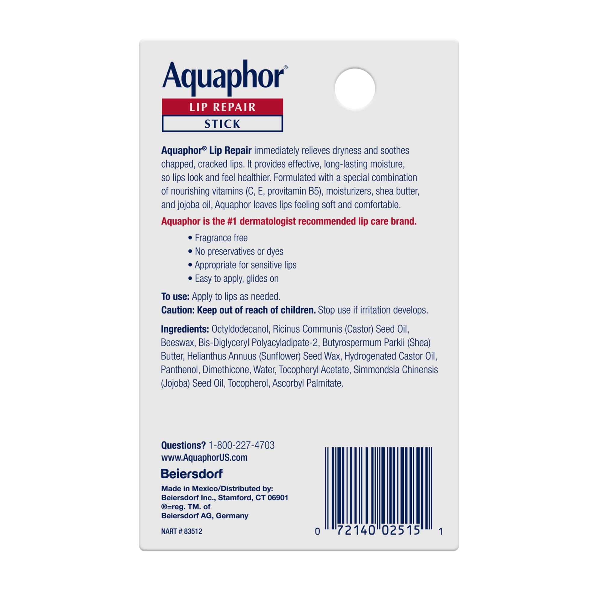 (3 pack) Aquaphor Lip Repair Balm Stick for Dry Chapped Lips with Shea Butter, 0.17 oz