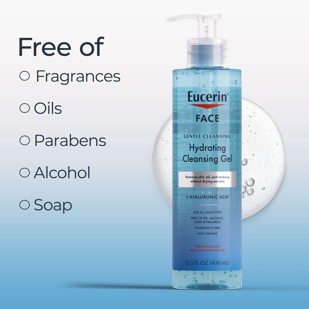 Eucerin Face Hydrating Cleansing Gel Facial Cleanser with Hyaluronic Acid, Makeup Remover, 13.5 fl oz