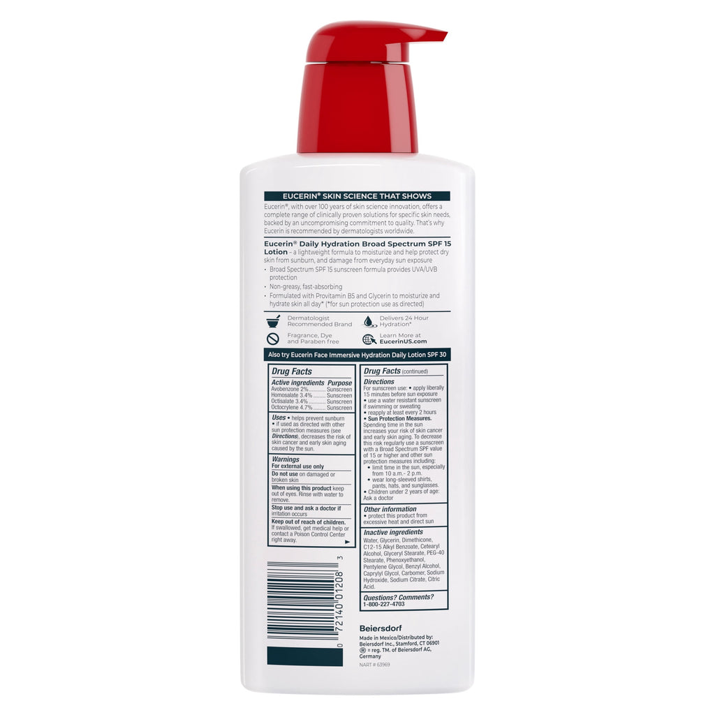 Eucerin Daily Hydration Body Lotion for Dry Skin with SPF 15, Moisturizer + Sunscreen, 16.9 fl oz