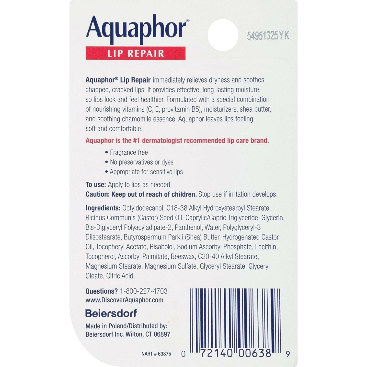 Aquaphor Lip Repair Ointment - Long-lasting Moisture to Soothe Dry Chapped Lips - .35 fl. oz. Tube