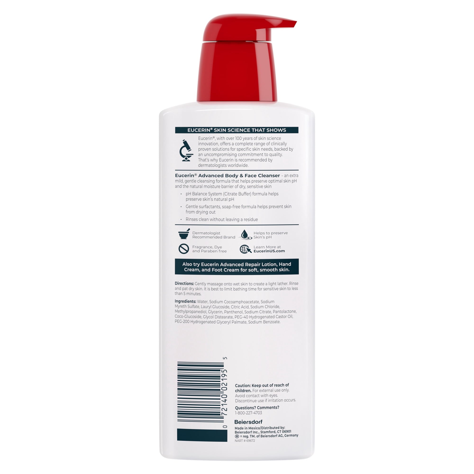 Eucerin Advanced Repair Cleansing Body and Face Cleanser for Normal to Dry, Sensitive Skin, 16.9 fl oz Bottle