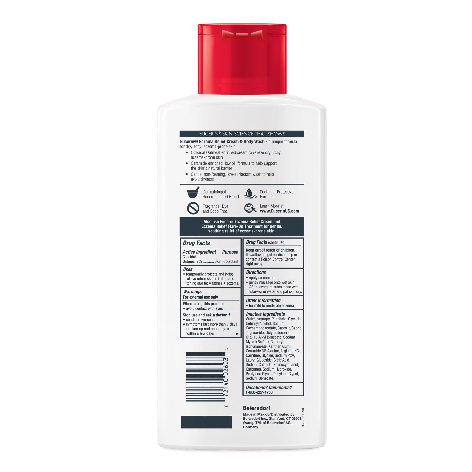 Eucerin Eczema Relief Cream Body Wash, Fragrance Free, 13.5 fl oz Bottle